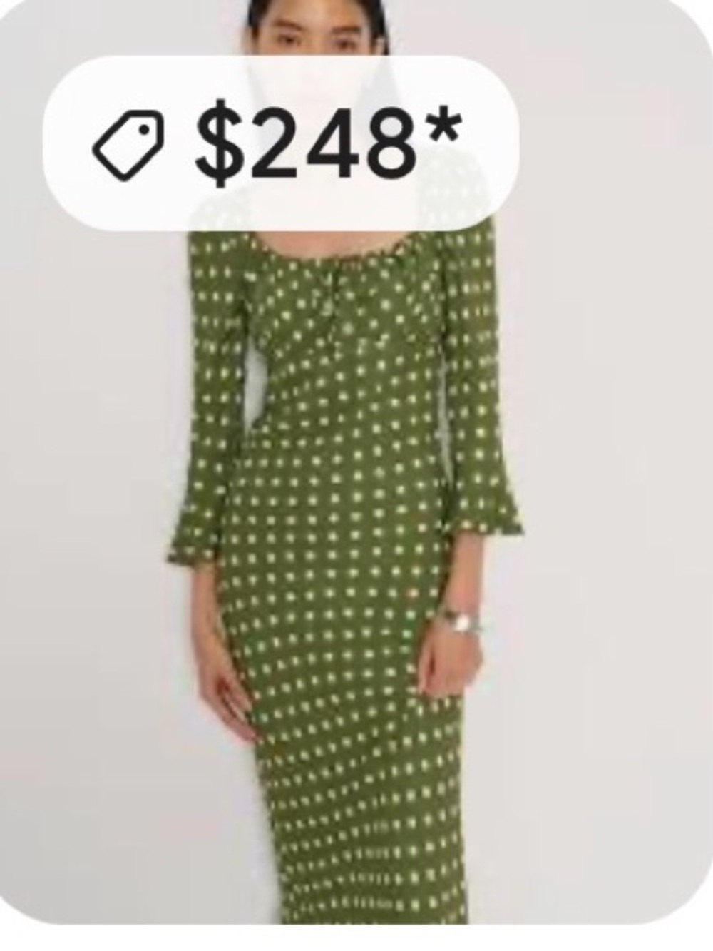 Reformation Kiley Olive Green & White Polka Dot Long Sleeve Midi Dress